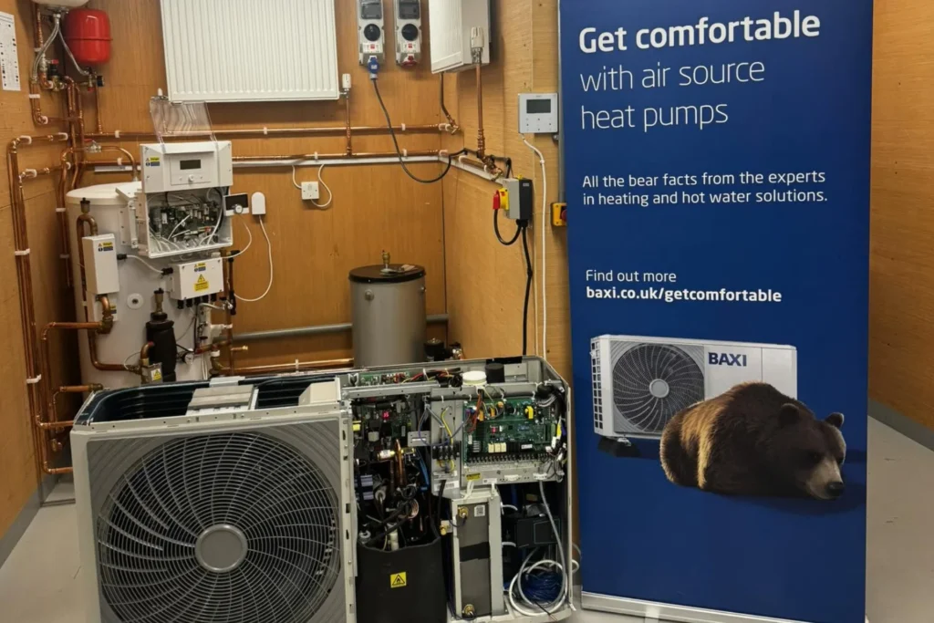 Air source heat pump display with indoor heating components, outdoor unit and Baxi information banner.