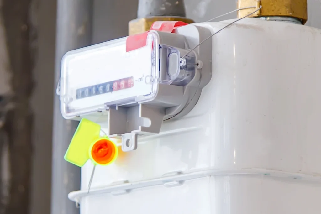 Wall-mounted domestic gas meter with grey supply pipework, a yellow isolation valve and a sealed meter reading display.