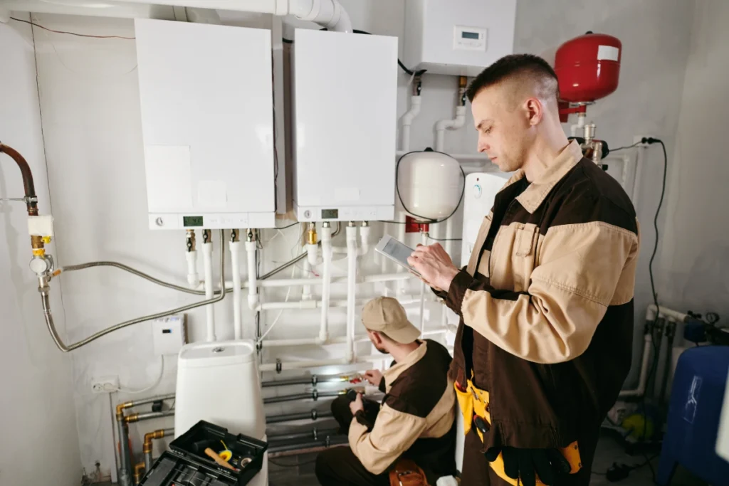 Two heating engineers inspecting a boiler system, with one using a tablet and the other working on pipework.