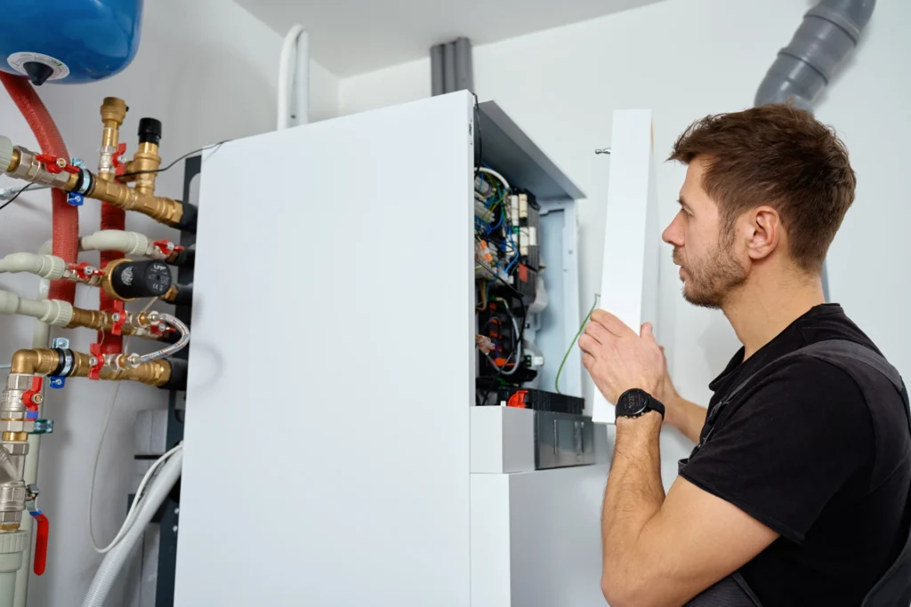 Heating engineer inspecting the internal components of a wall-mounted boiler.