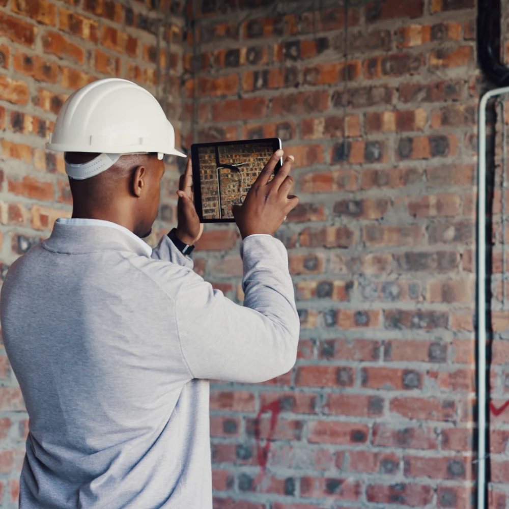 Construction professional wearing a hard hat using a tablet to inspect exposed brickwork inside a building.