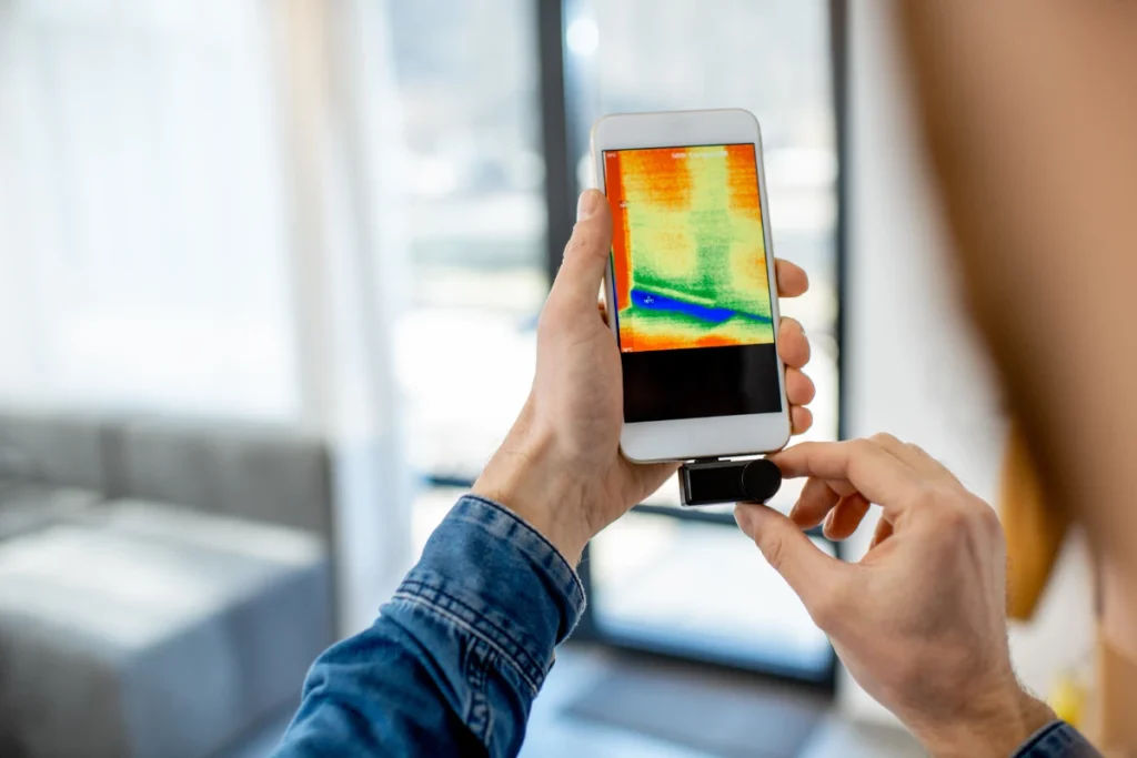 Person using a smartphone thermal imaging camera to identify temperature differences around a window.