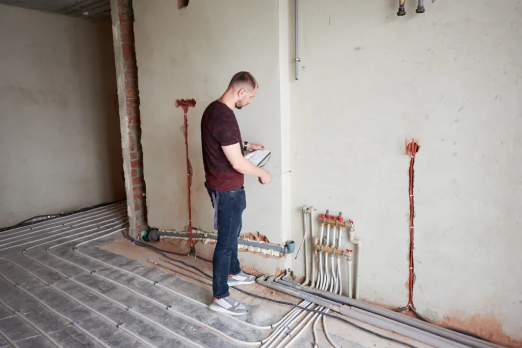Man inspecting an underfloor heating installation with exposed pipework and a heating manifold during a property renovation.
